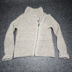 Athleta Merino Wool Zipper Down Cardigan Sweater Cowl Neck Medium Tan Cable Knit